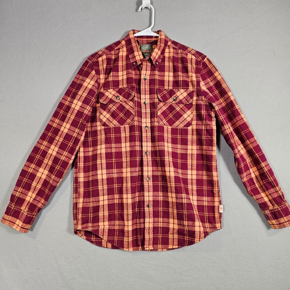 St Johns Bay Outdoor Mens M Burgundy Orange Plaid Cotton Flannel Button Shirt